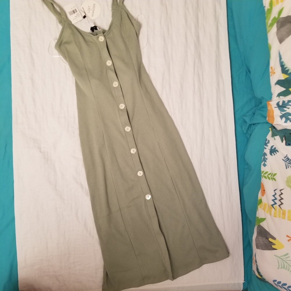 Sage Green Fitted Midi Dress- Functional Front Buttons - Open Back - NEW W/TAGS!
